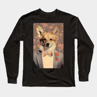 Corgi Dog Portrait in Suit Vintage Art Long Sleeve T-Shirt